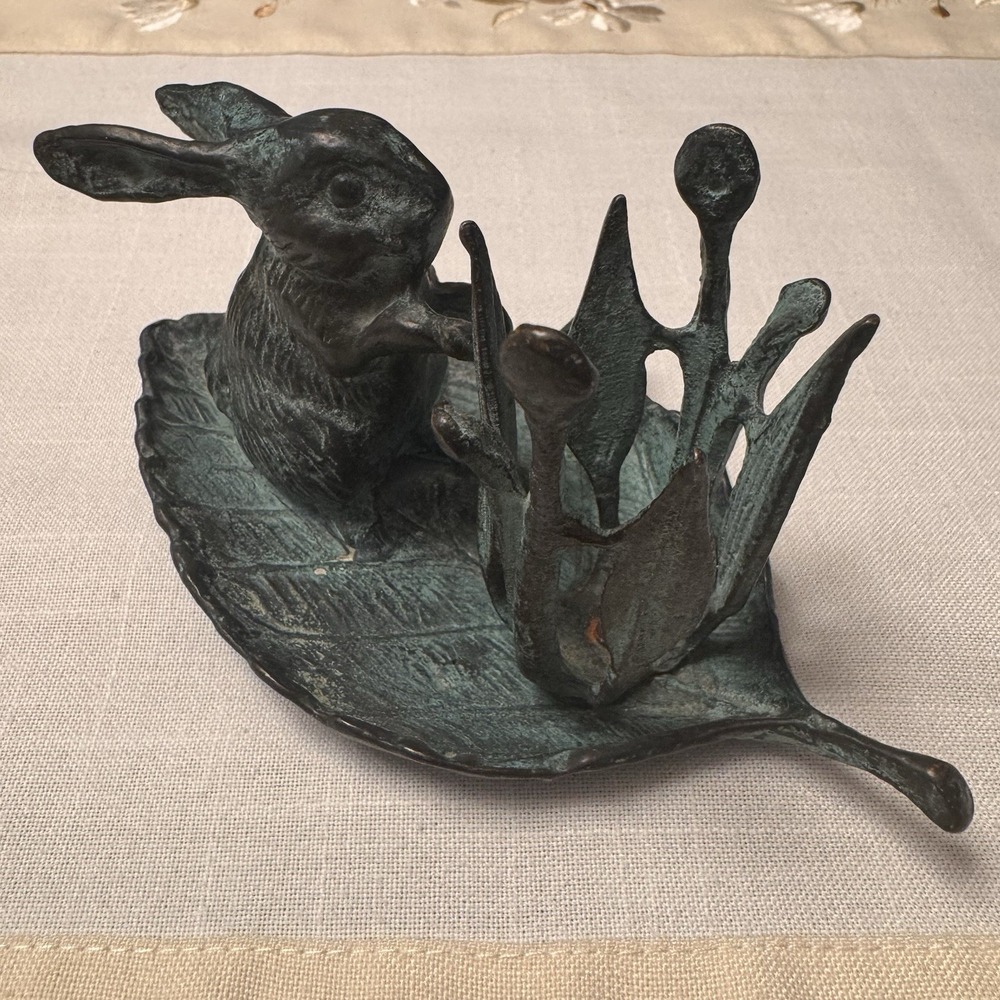 Andrea by Sadek Verdigris Bunny Rabbit Rowing Leaf Raft Bronze Candle Holder